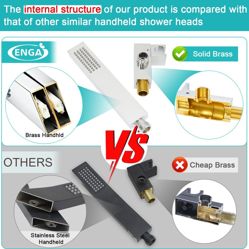 ENGA Square Solid Brass Hand Held Wand Shower Head with Wall Connector and Stainless Steel Hose Set, Chrome - Image 2